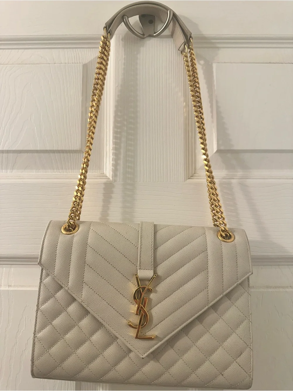 Saint Laurent Cream Quilted Leather Shoulder Bag with Gold Hardware